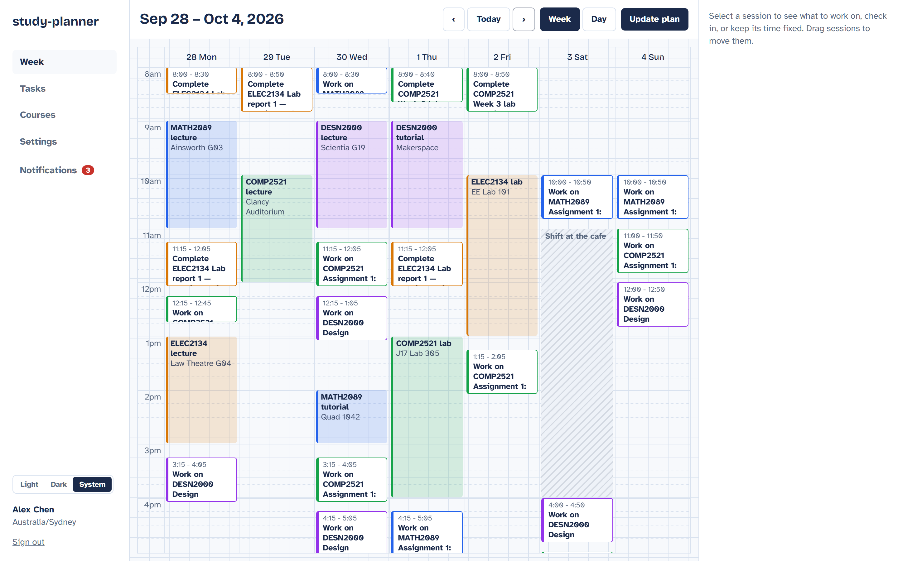 A week in the planner: classes, a work shift, and study sessions placed around them